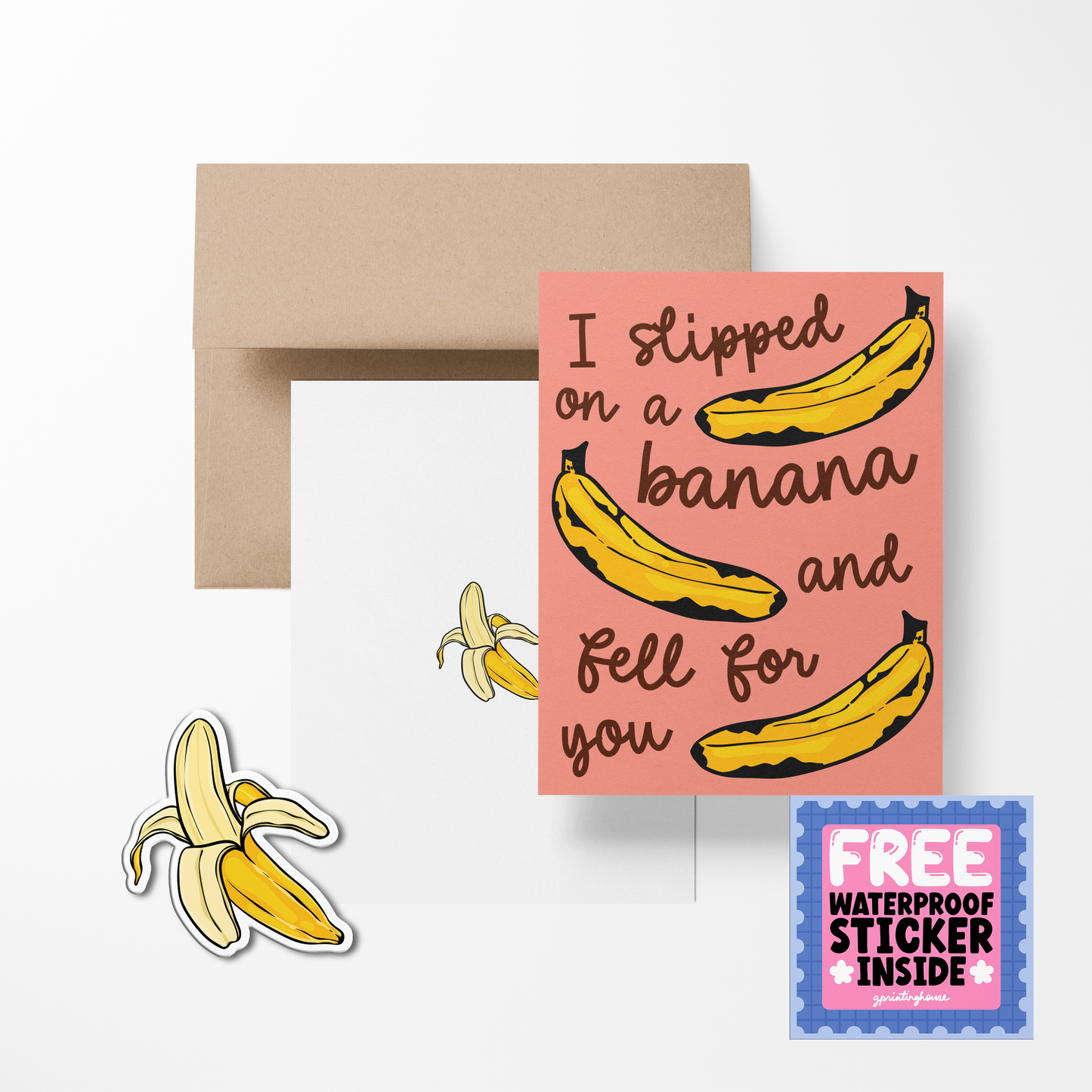 I Slipped on a Banana and Fell For You Cute Foodies Greeting Card with Stickers