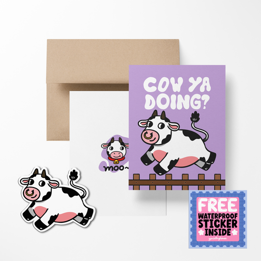 Cow Ya Doing Cute Greeting Card with Stickers