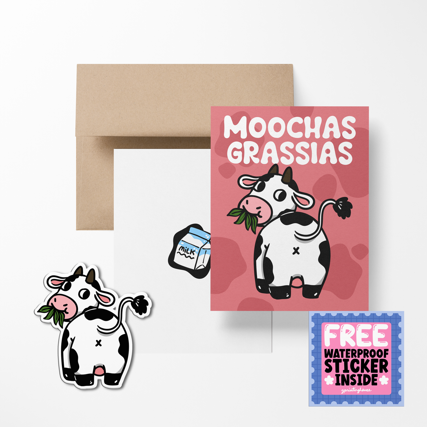 Moochas Grassias Cow Cute Greeting Card with Stickers