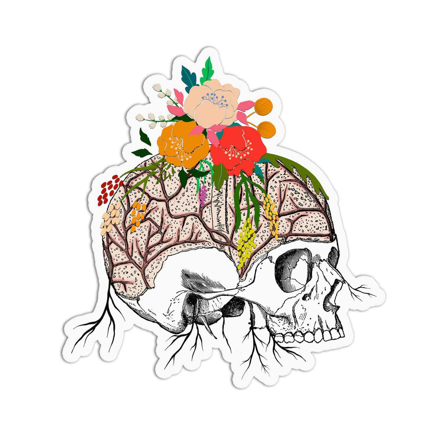 Skull with Flowers Anatomy Sticker